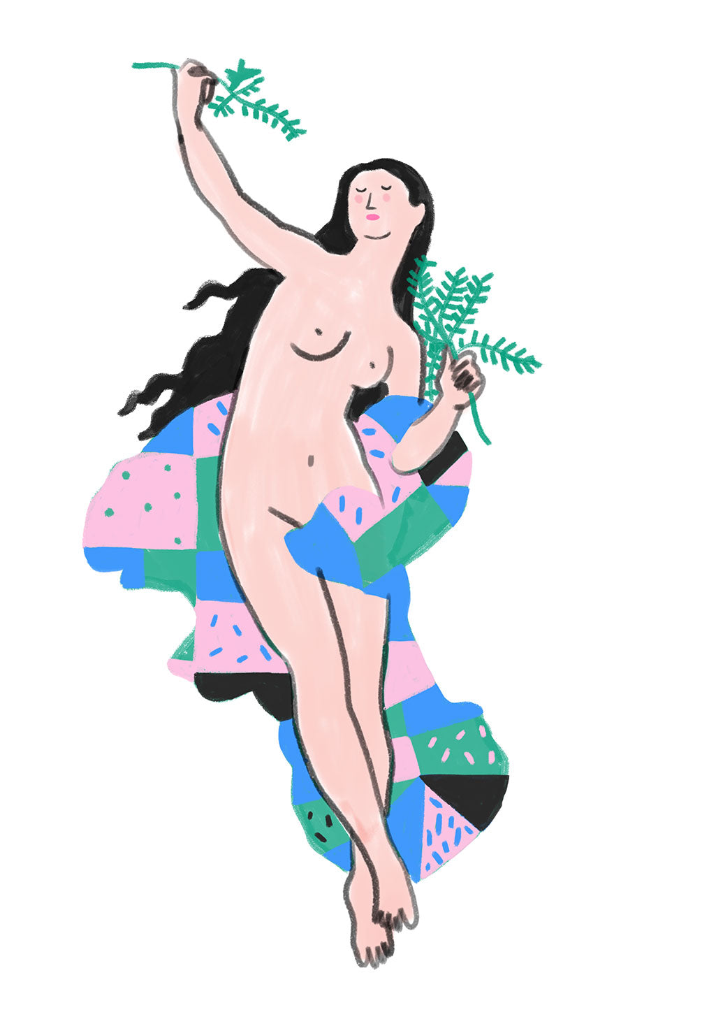 Femme nue, couleurs vives, feuilles, posture détendue, art moderne