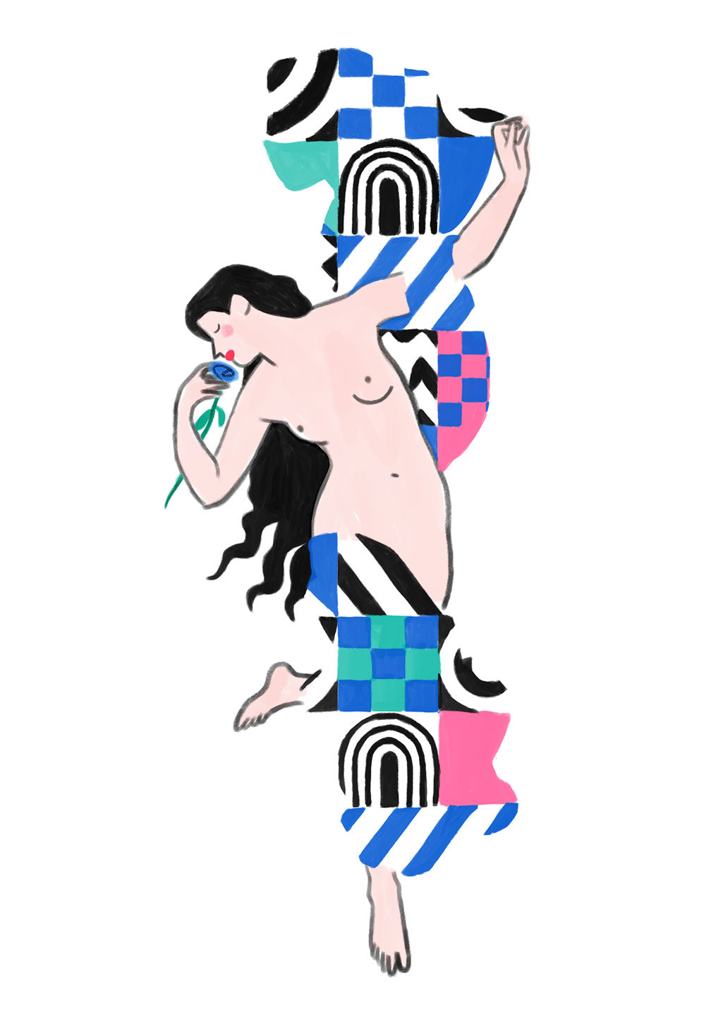 Femme stylisée, motifs géométriques, couleurs vives, pose dynamique