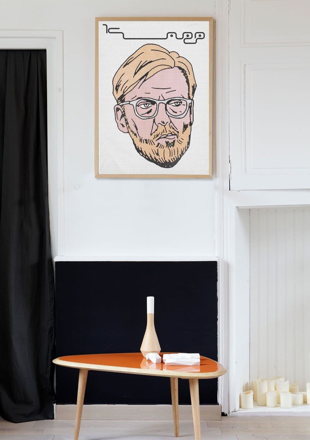 Homme aux lunettes, barbe, cheveux bouclés, style dessiné