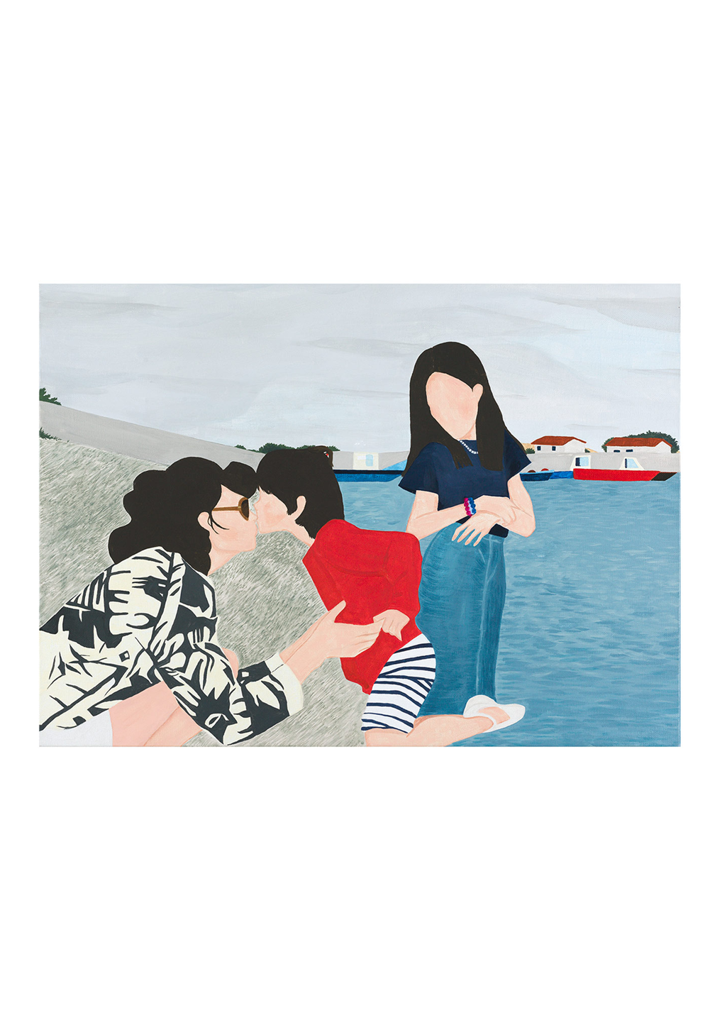 Art abstrait, groupe de personnes, scène de plage, bateau, ciel nuageux