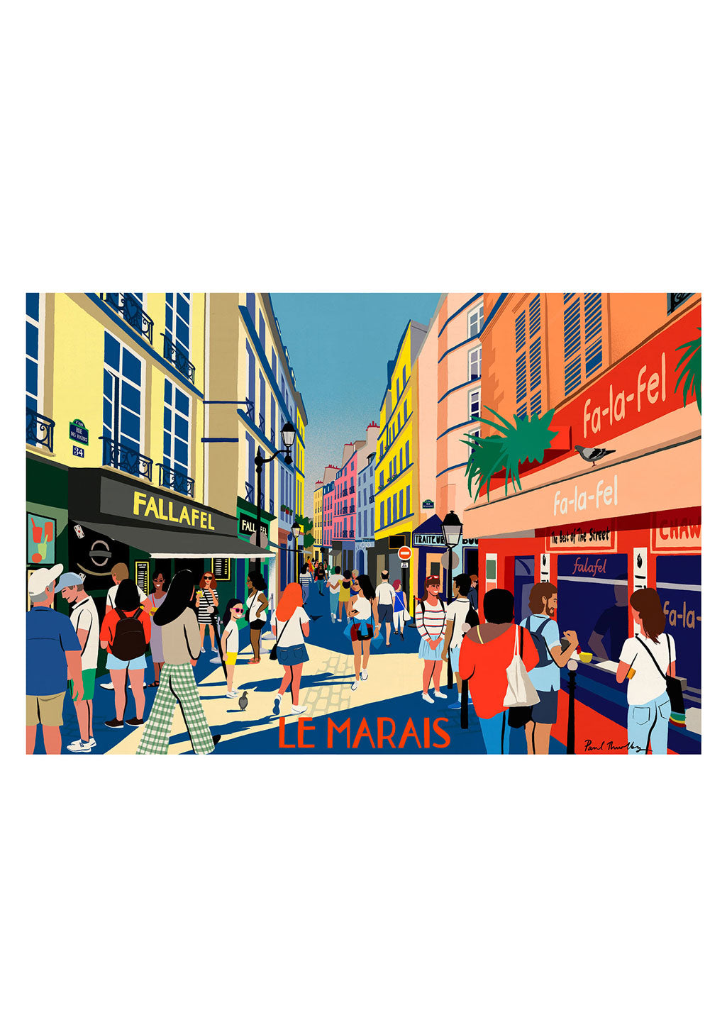 Illustration de rue animée à Paris avec des gens et des magasins