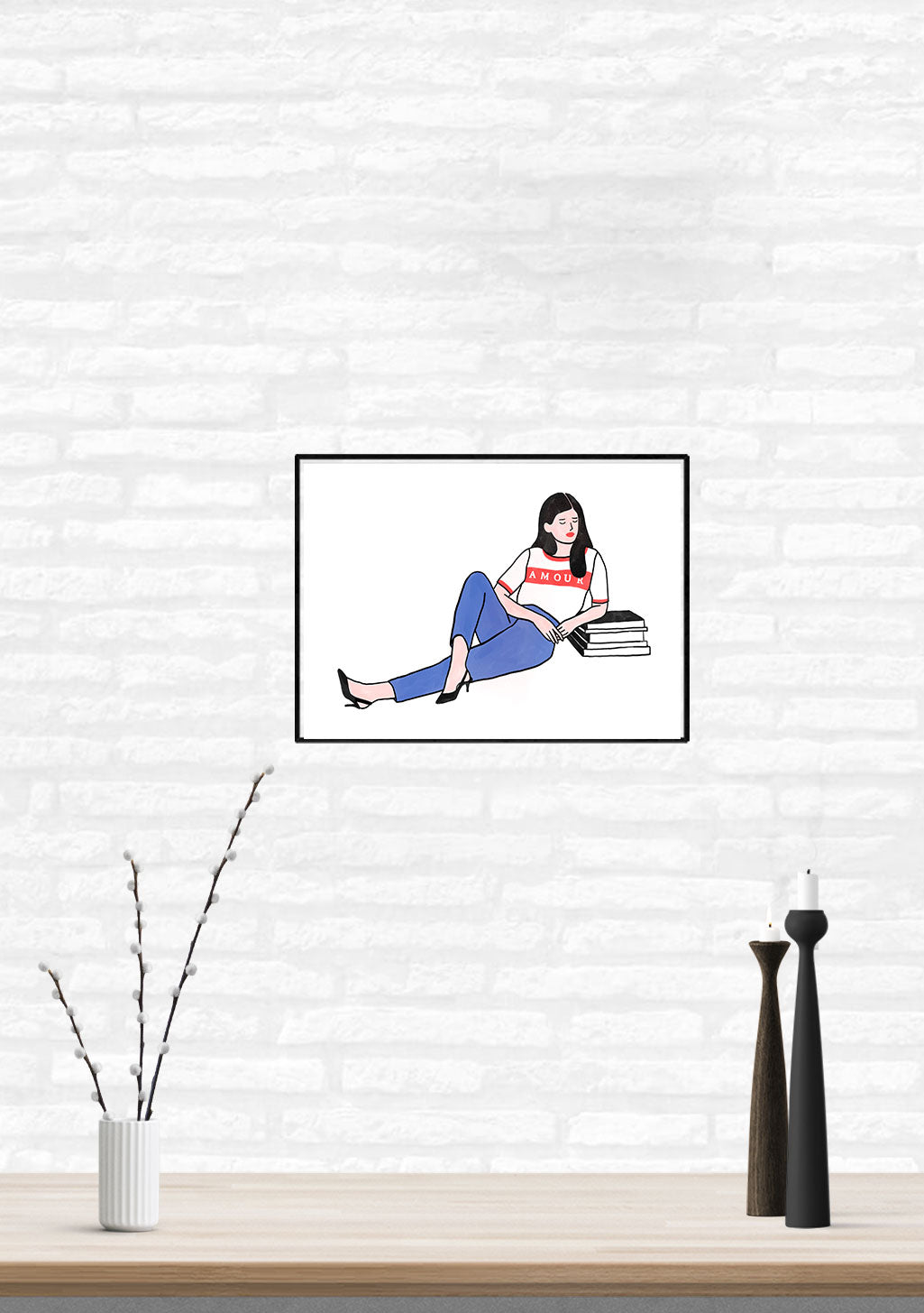 Femme lisant un livre, assis, décontracté, illustration stylisée