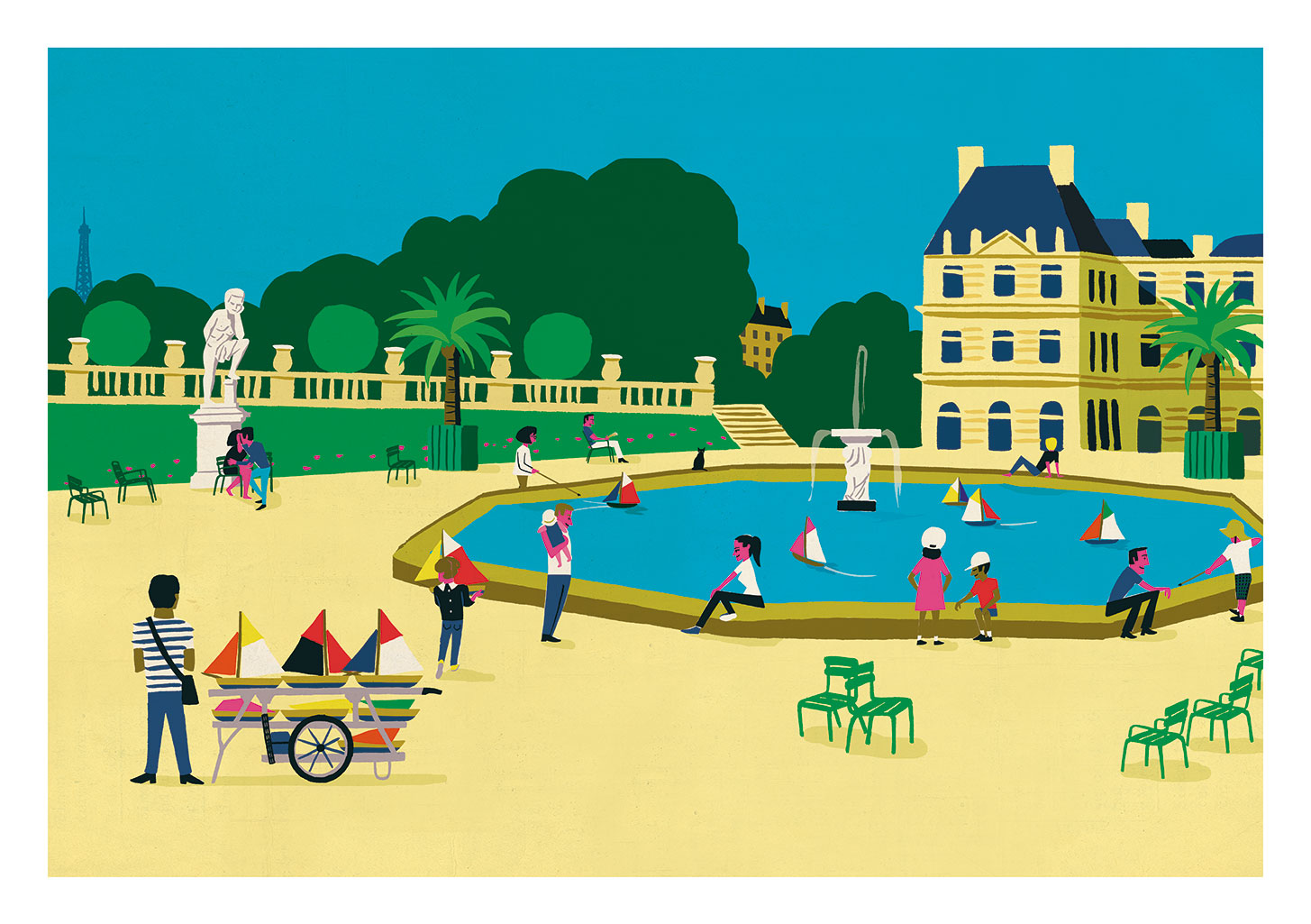 Parc, fontaine, bateaux miniatures, bâtiments, statues, chaises, famille, vendeur, Eiffel, arbres, ciel bleu, activités