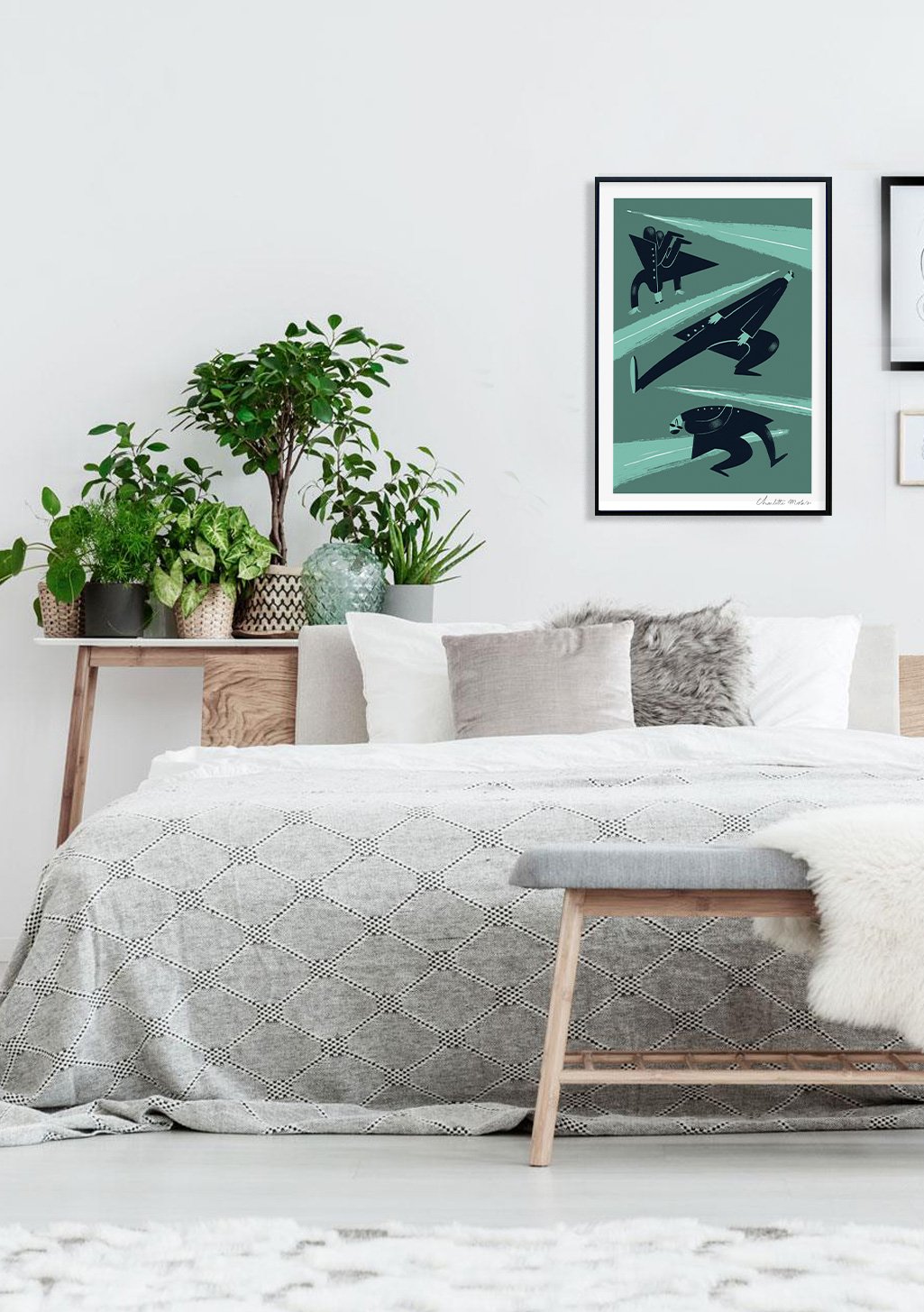 Poster vert avec des figures noires stylisées