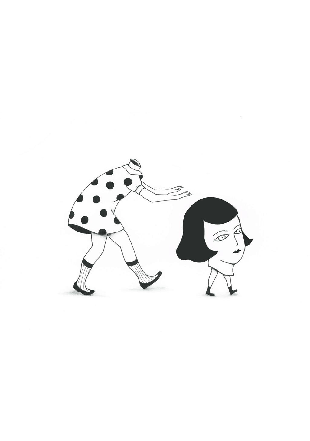 Illustration en noir et blanc d'une femme et d'un homme marchant