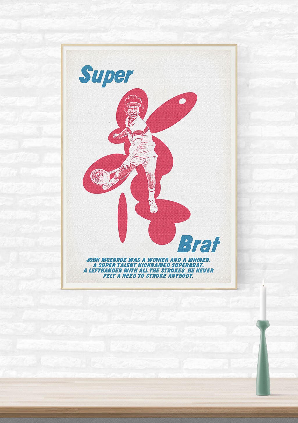 Poster de tennis, homme, raquette, texte, cadre, mur, bougie, bois, blanc, rose, bleu