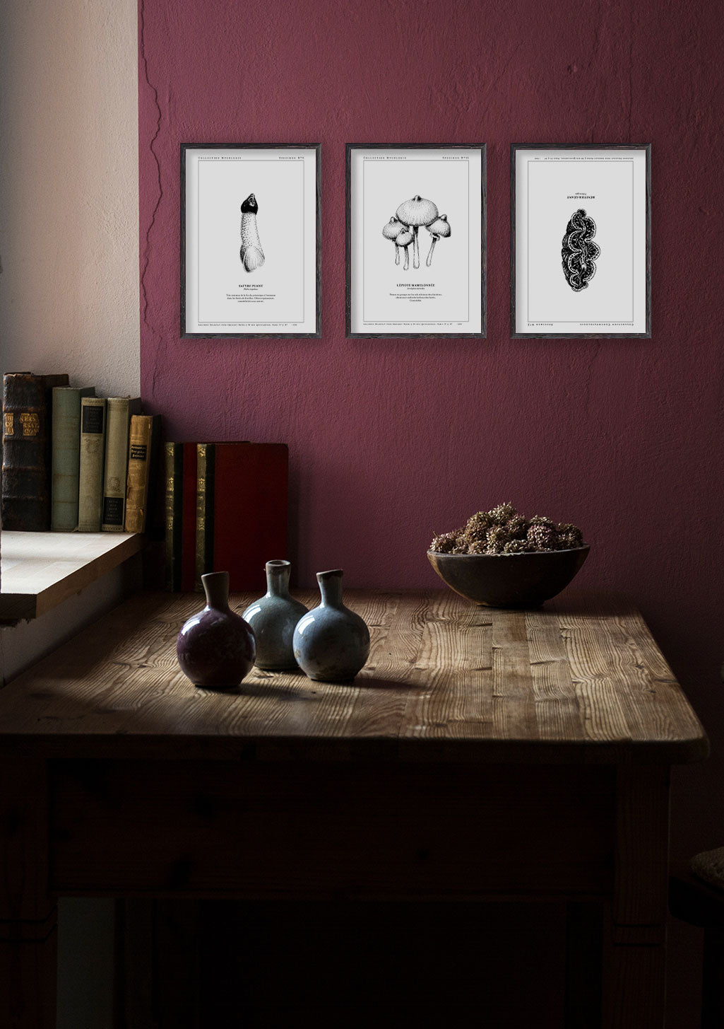 Plantes, illustrations botaniques, cadres, mur violet, table en bois