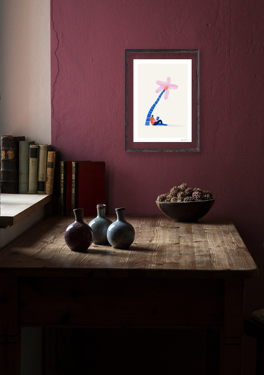Palmier rose, personne allongée, plage, cadre noir