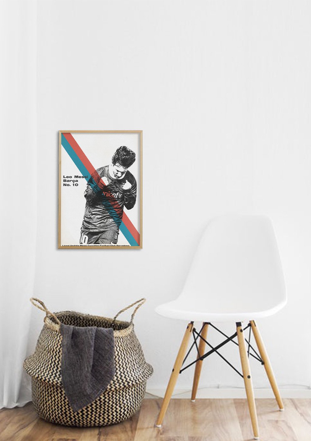 Poster de football, joueur, Leo Messi, Barcelone, numéro 10, couleurs vives, encadré, mur blanc