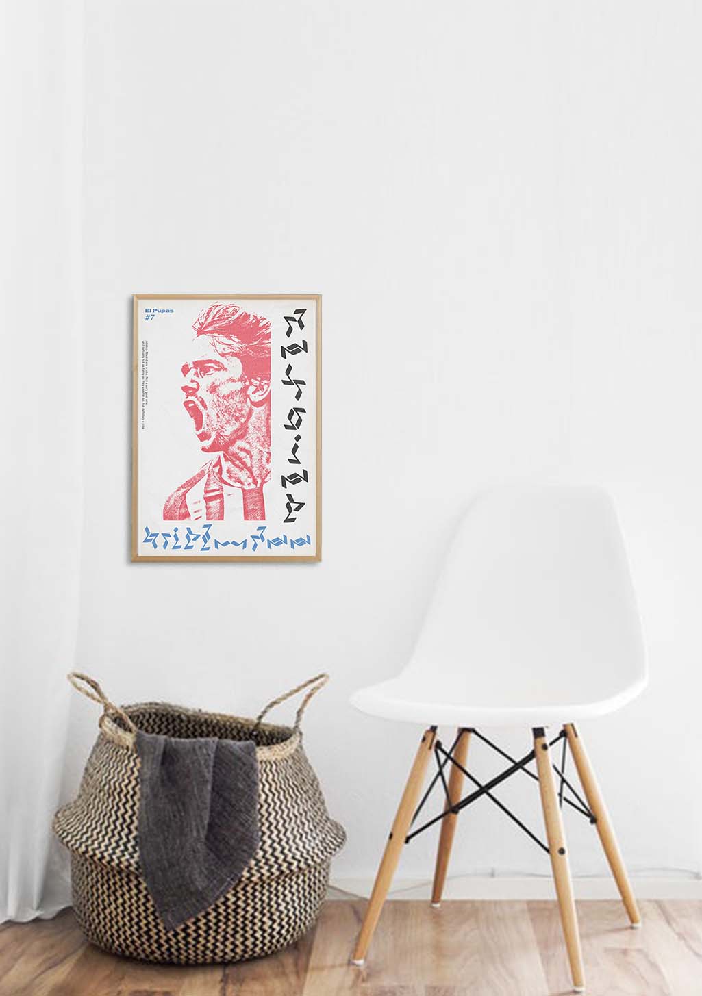 Poster rouge et blanc, illustration stylisée, texte, mur blanc