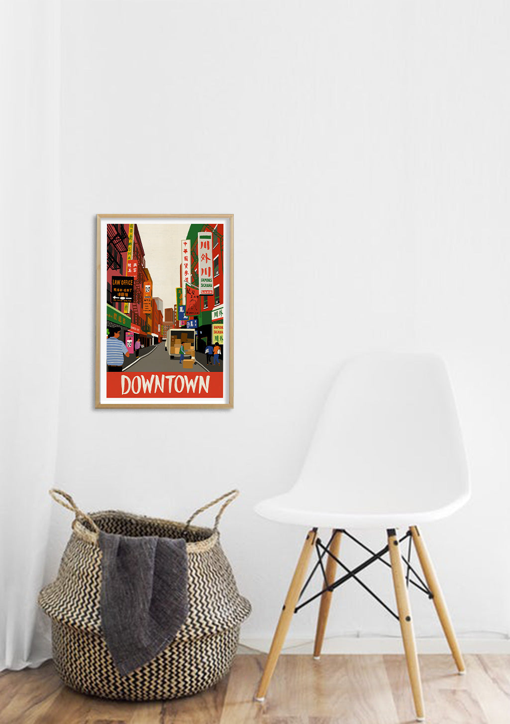 Poster de ville coloré, rue animée, gratte-ciel, enseignes lumineuses, Downtown