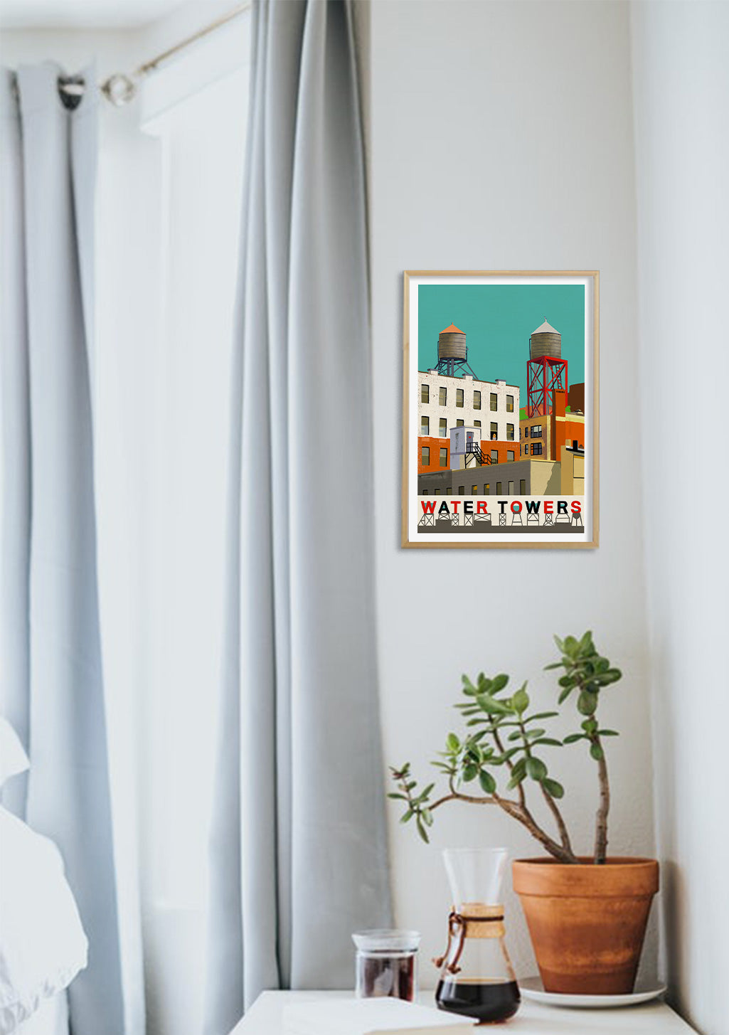 Tour d'eau, ville, bâtiment, illustration, urbain, aquarelle, cadre, mur, plante, fenêtre, café, décoration