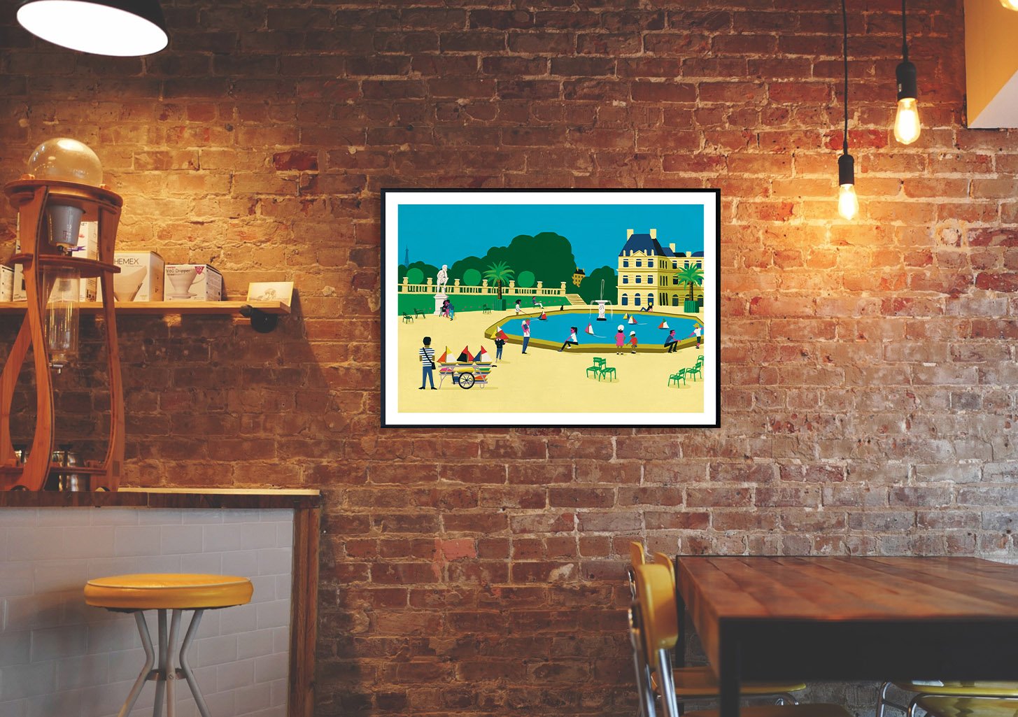 Poster de plage avec château, baigneurs, chaises longues