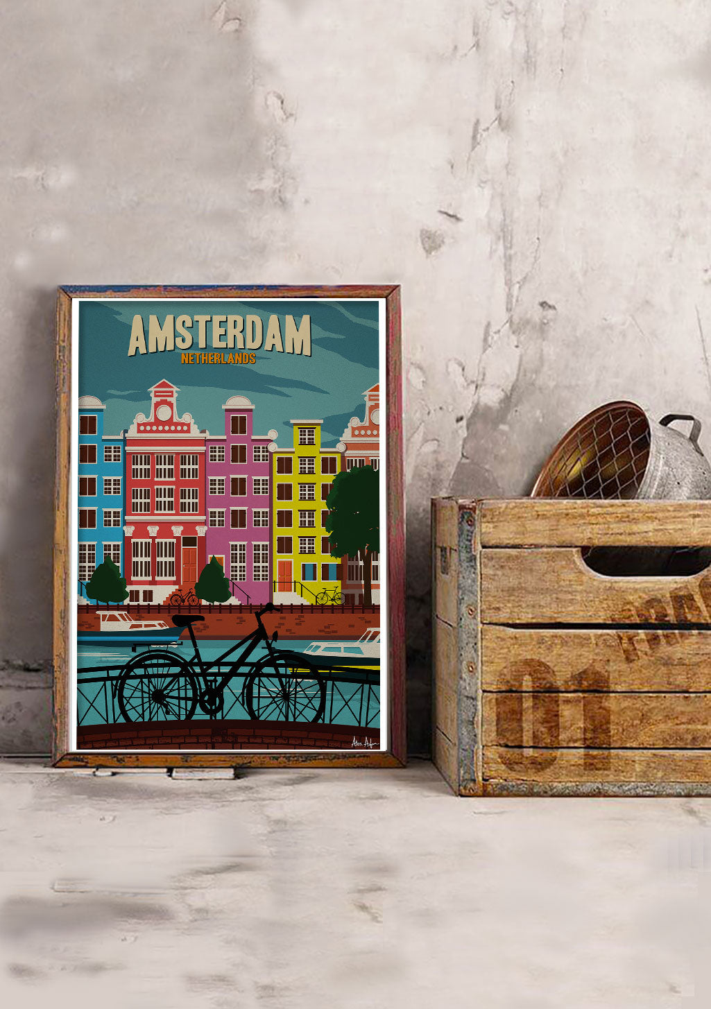 Amsterdam Pays-Bas, bâtiments colorés, vélo, pont, bateau, illustration vintage
