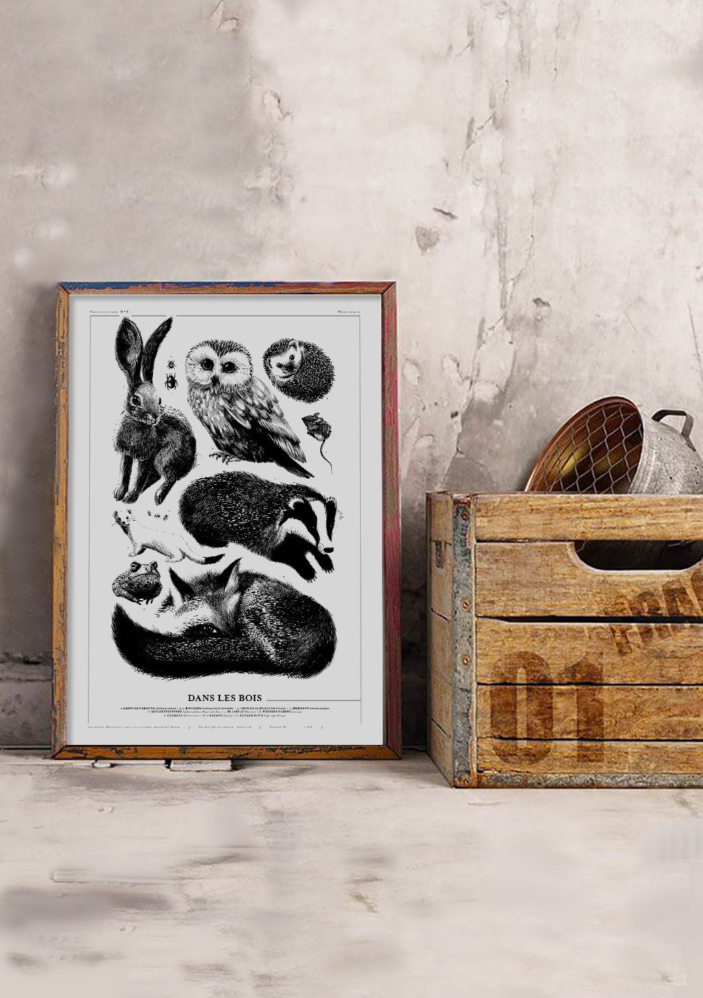Poster en noir et blanc avec des animaux, cadre en bois, texte "DANS LES BOIS"
