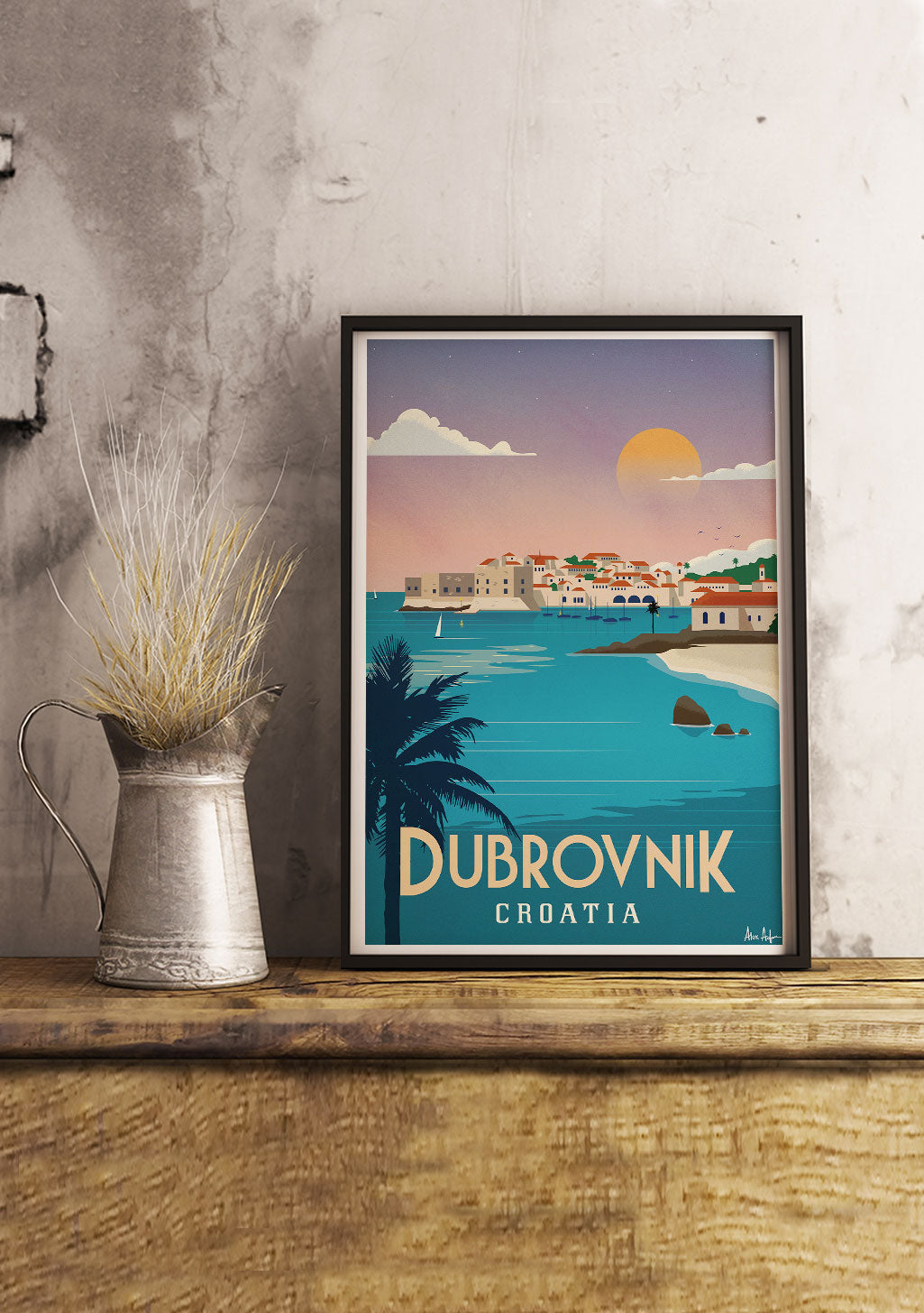 Poster de Dubrovnik, Croatie, coucher de soleil, mer, bâtiments, plage, vintage