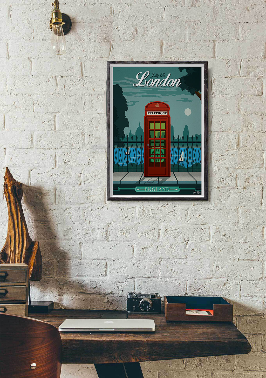Poster de Londres, cabine téléphonique rouge, pont, ciel bleu
