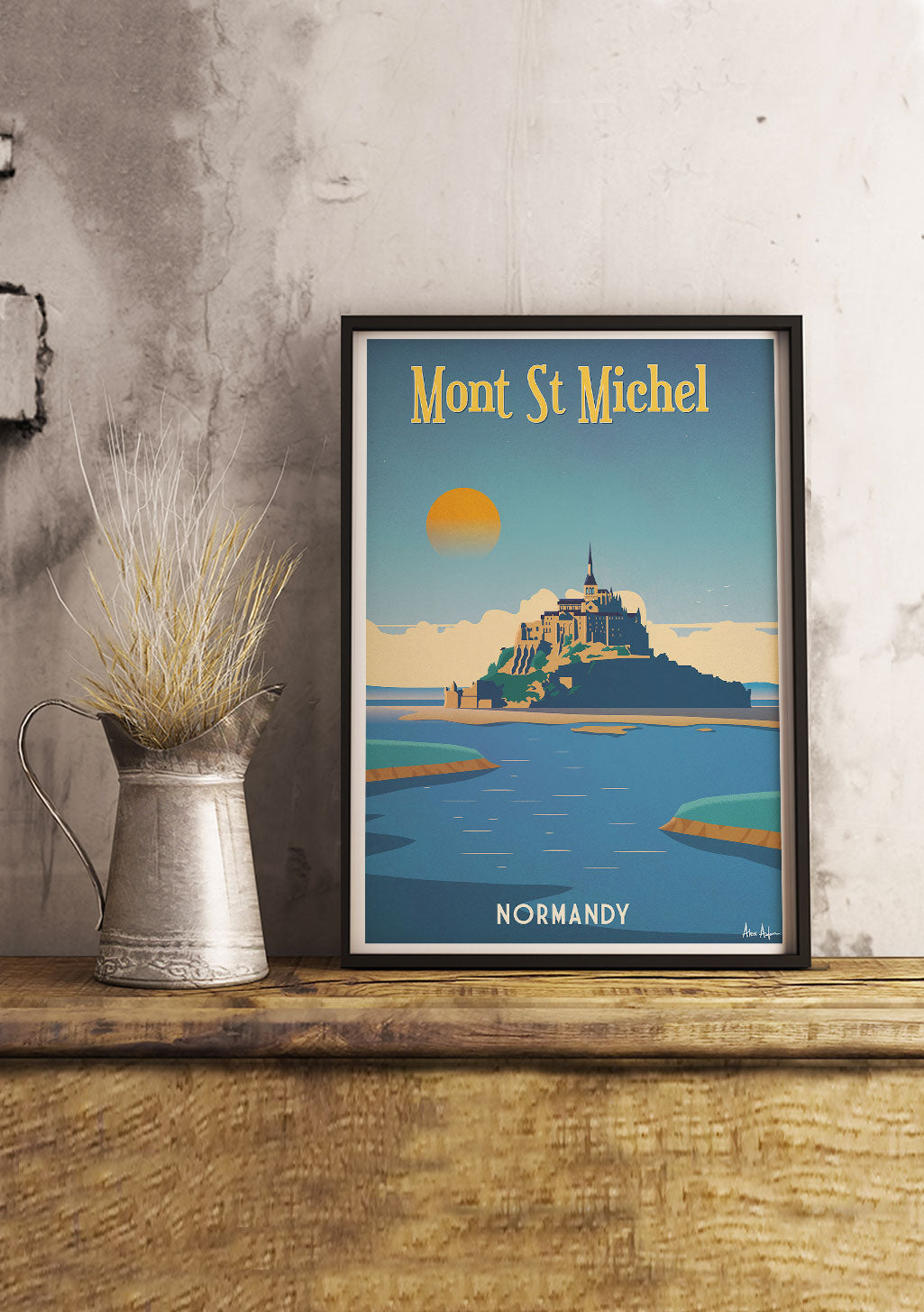 Mont St Michel, Normandie, île, monastère, coucher de soleil, vintage, affiche