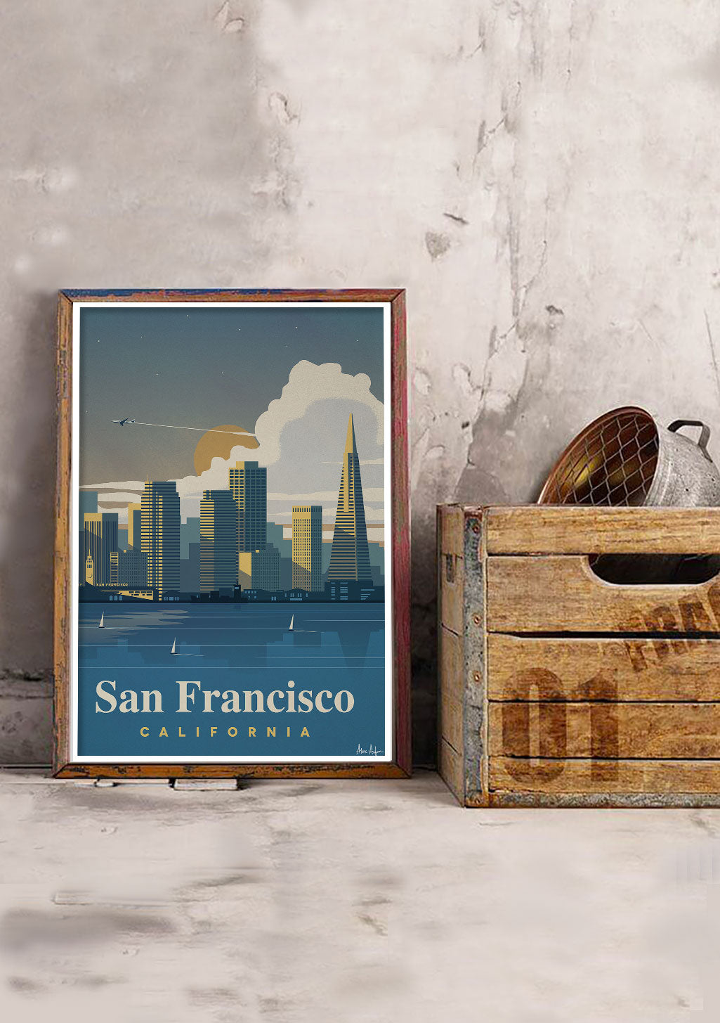 San Francisco, Californie, ville, coucher de soleil, pont, buildings, vintage, style, art déco, cadre en bois