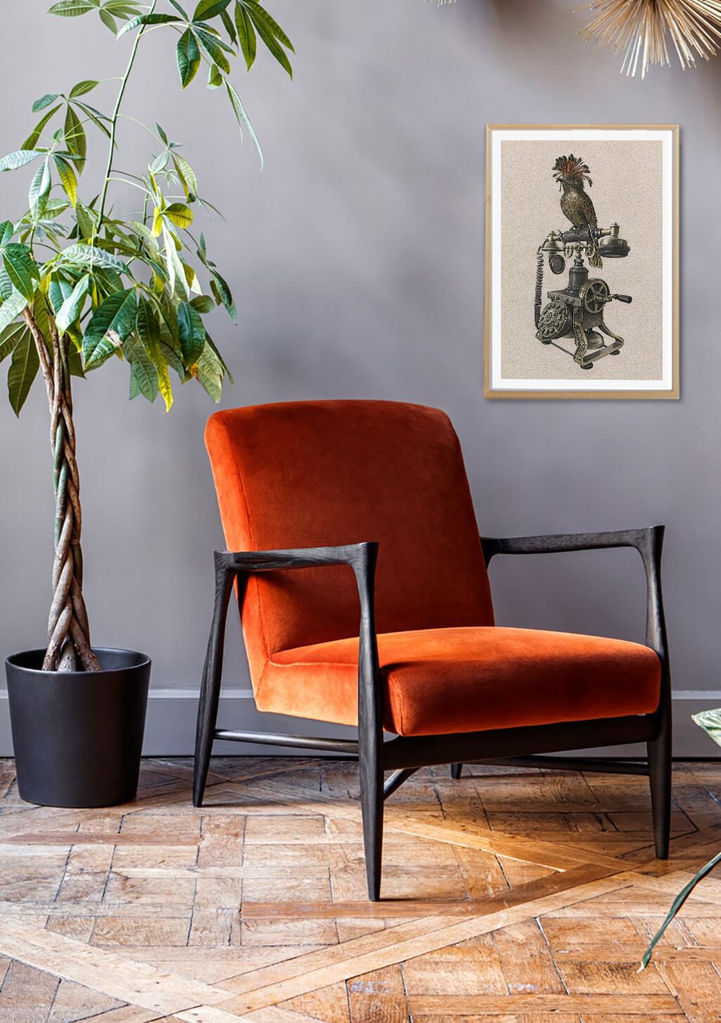 Oiseau exotique, machine, cadre beige