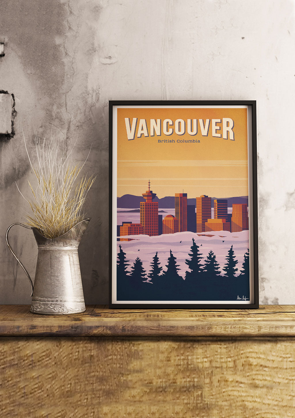 Vancouver, Colombie-Britannique, ville, coucher de soleil, bâtiments, arbres, ciel orange