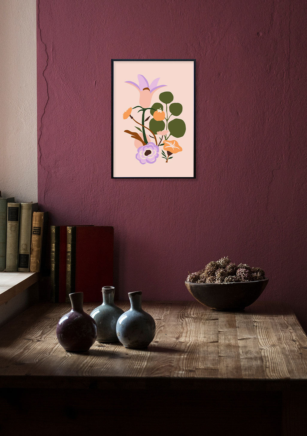Poster floral abstrait avec fleurs violettes et vertes