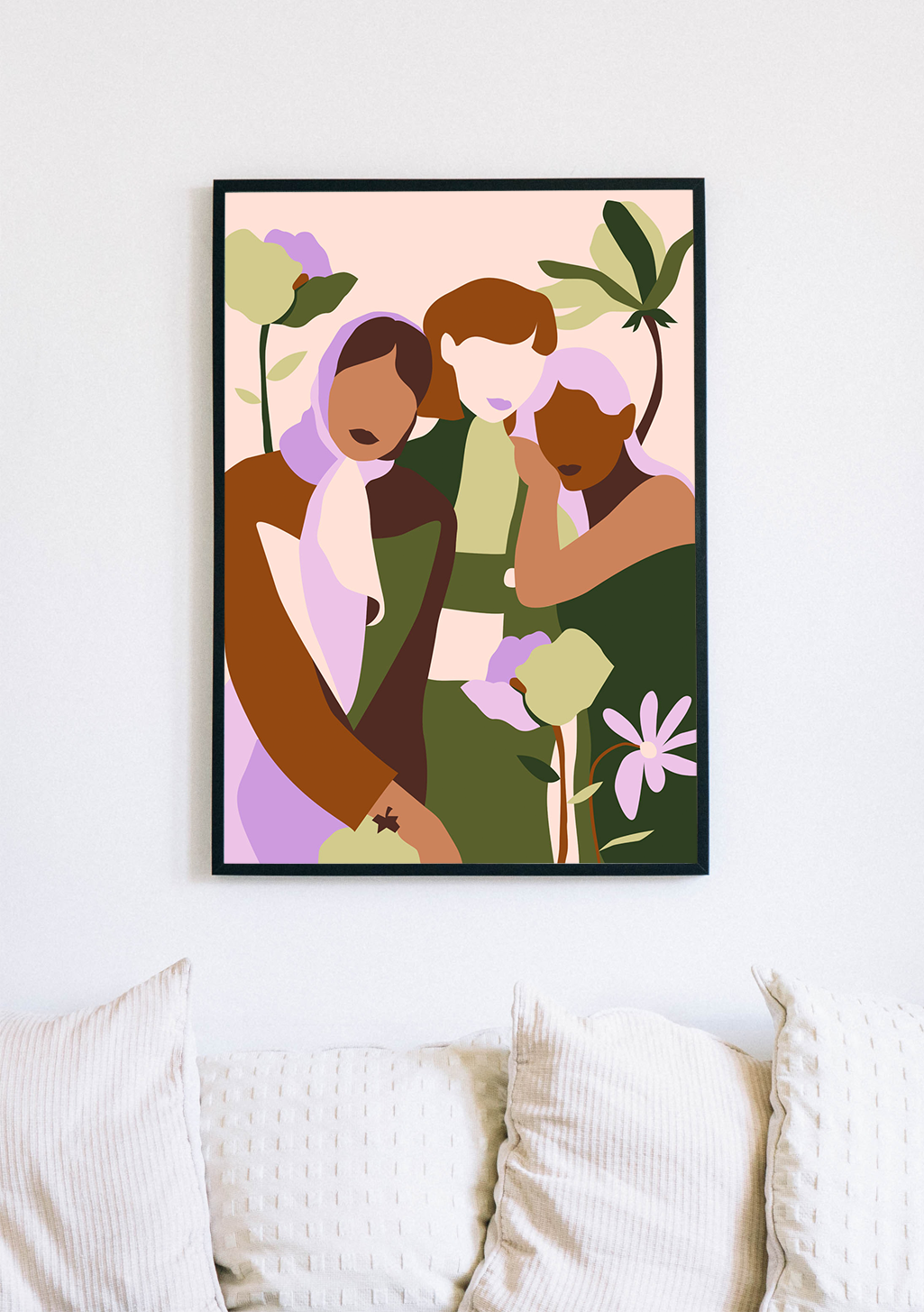 Art abstrait, figures, fleurs, couleurs douces, cadre noir, mur blanc