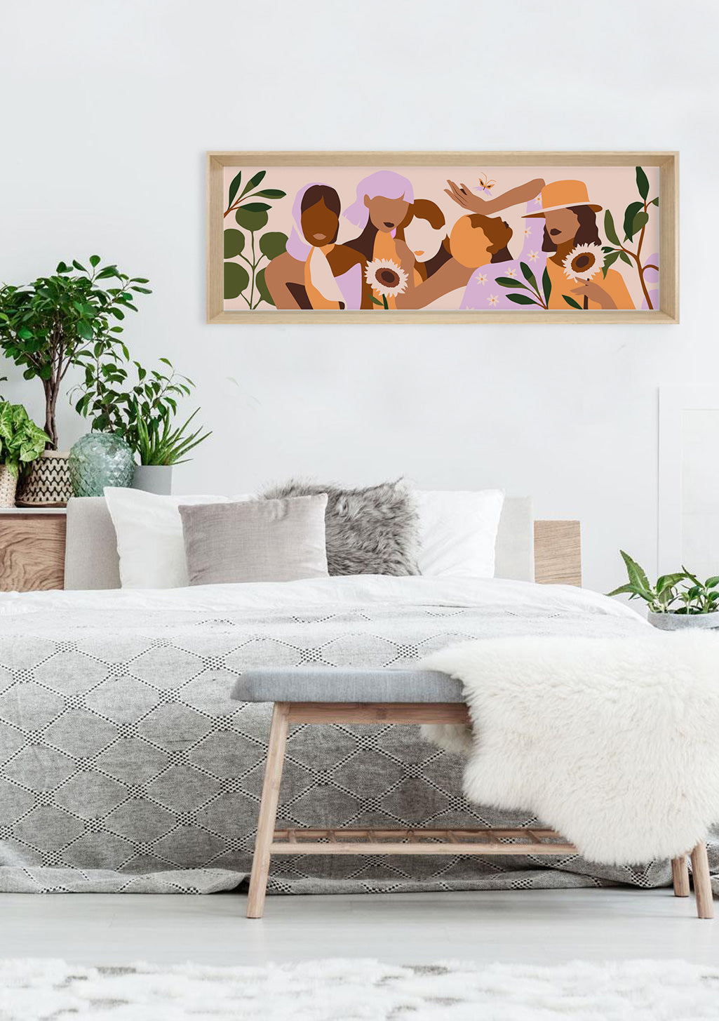 Art abstrait, figures colorées, fleurs, cadre en bois