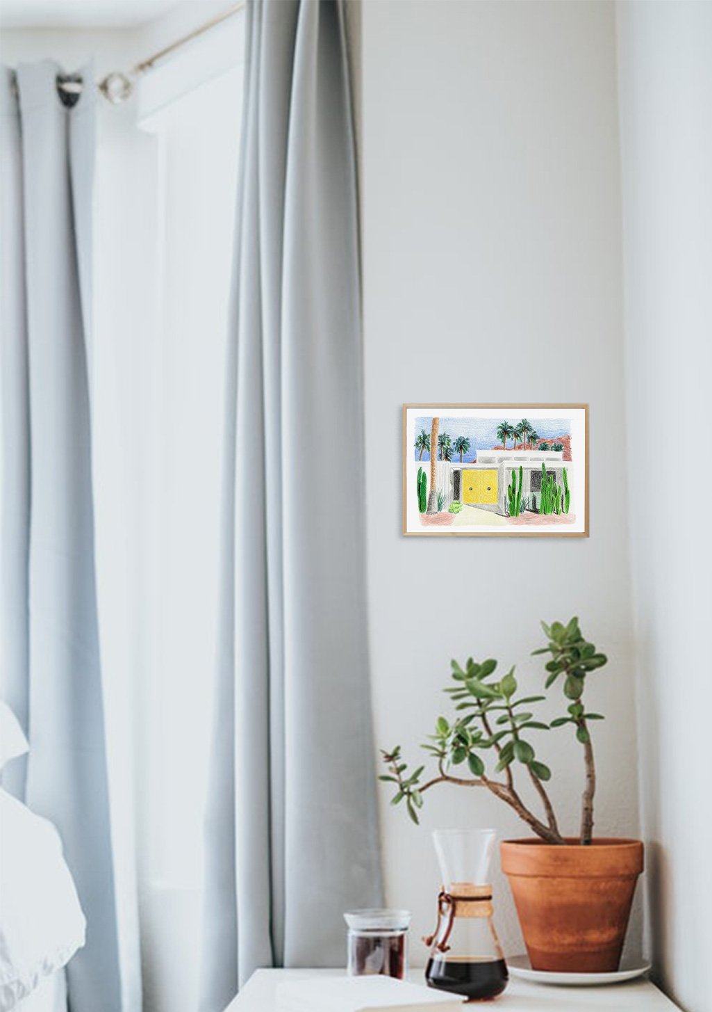 maison jaune, cactus, palmiers, ciel bleu