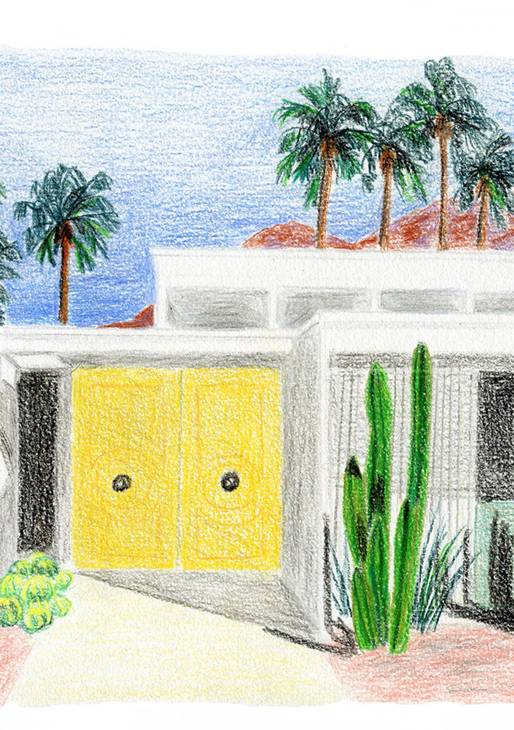 Maison jaune avec cactus, palmiers, ciel bleu