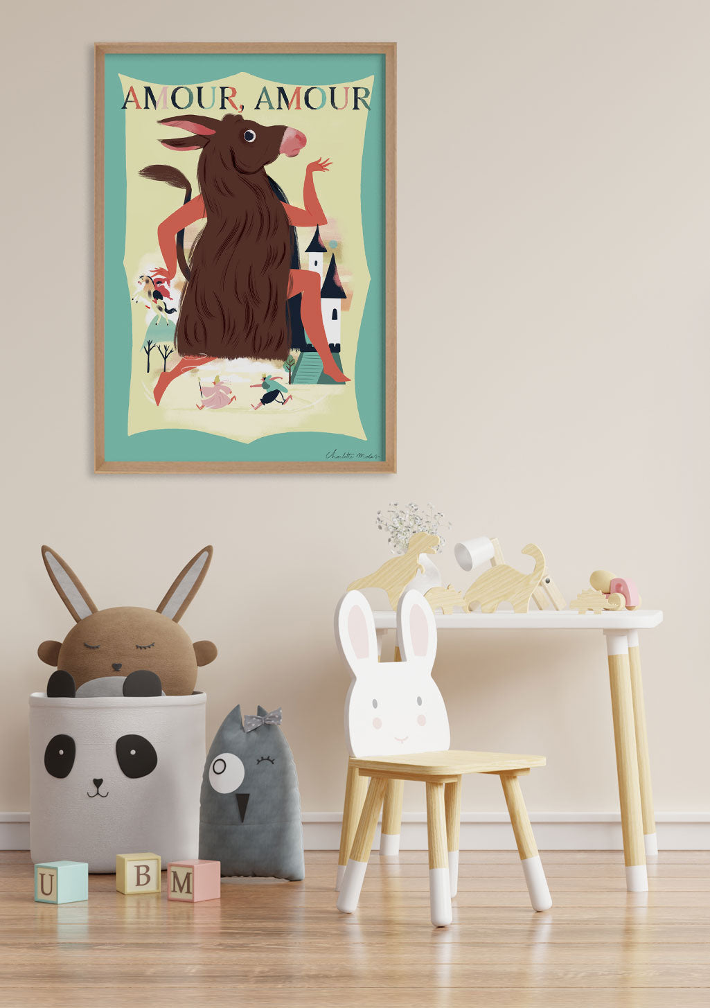 Poster avec un cheval marron et des personnages, texte AMOUR AMOUR