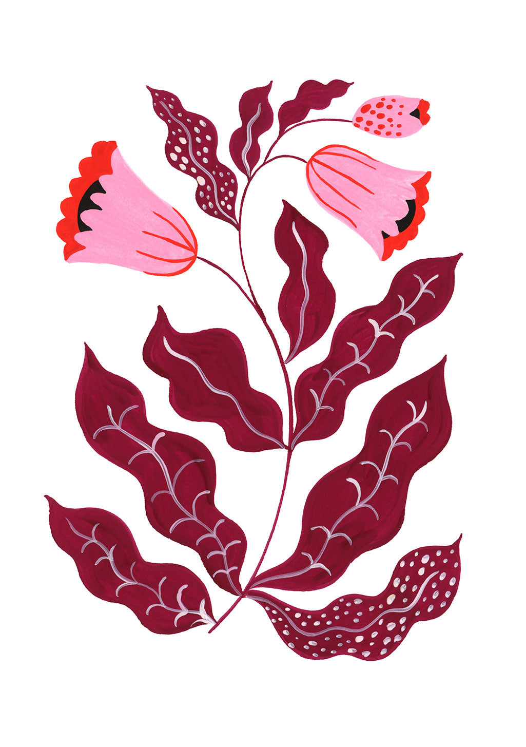 Illustration florale stylisée avec fleurs roses et feuilles rouges