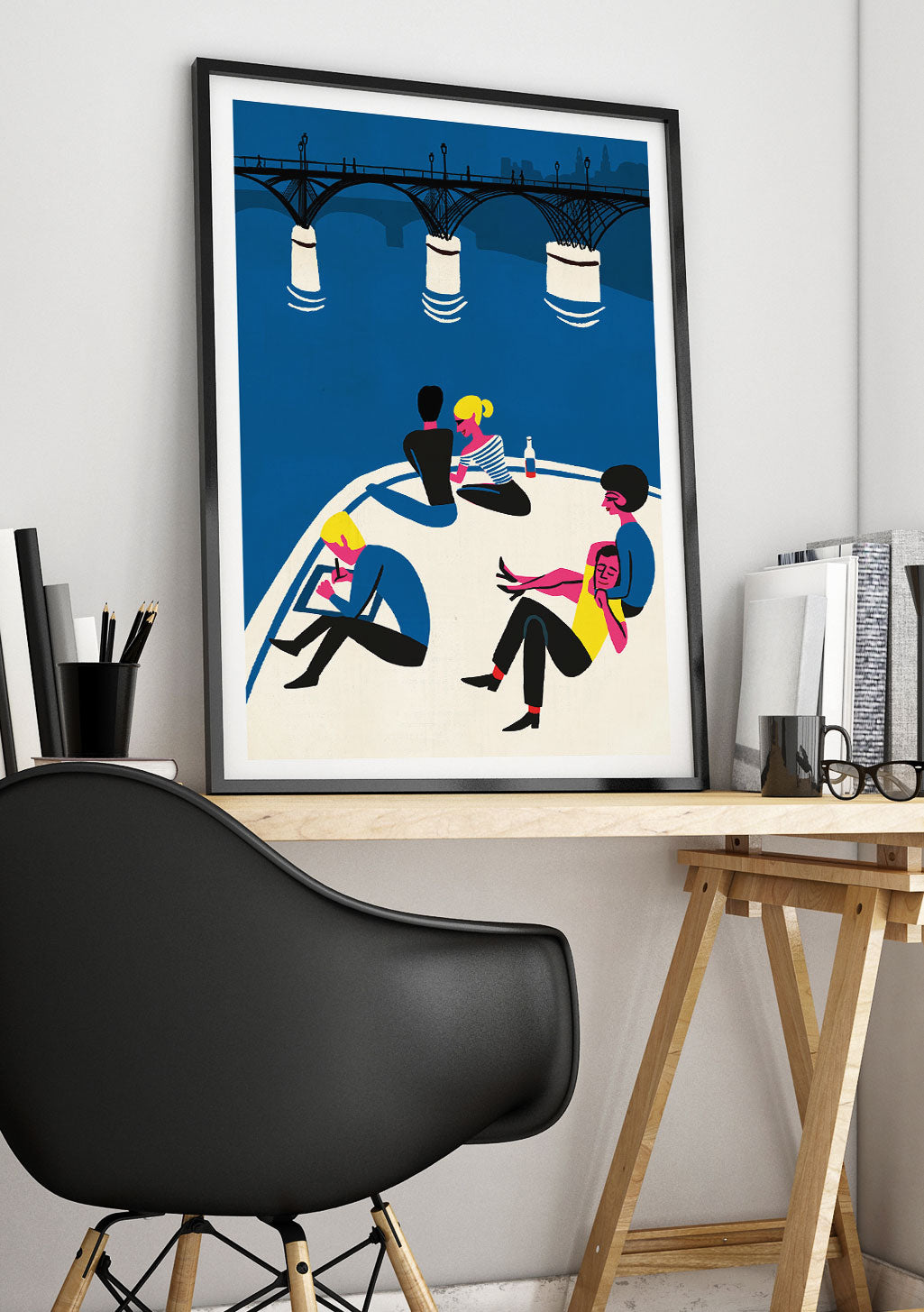 Art moderne, groupe social, pont, scène nocturne, couleurs vives