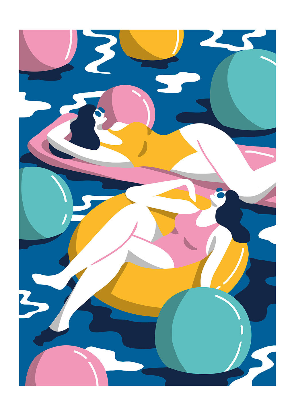 Illustration stylisée de femmes sur des bouées, eau, couleurs vives