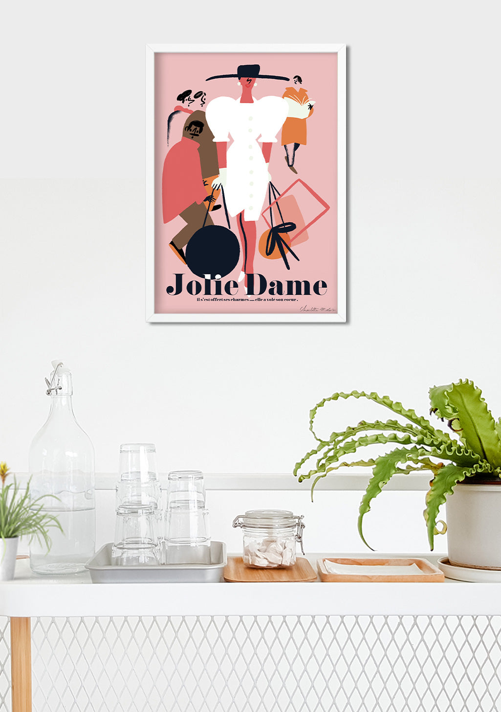 Poster Jolie Dame stylisé, figures féminines, couleurs vives, texte en bas