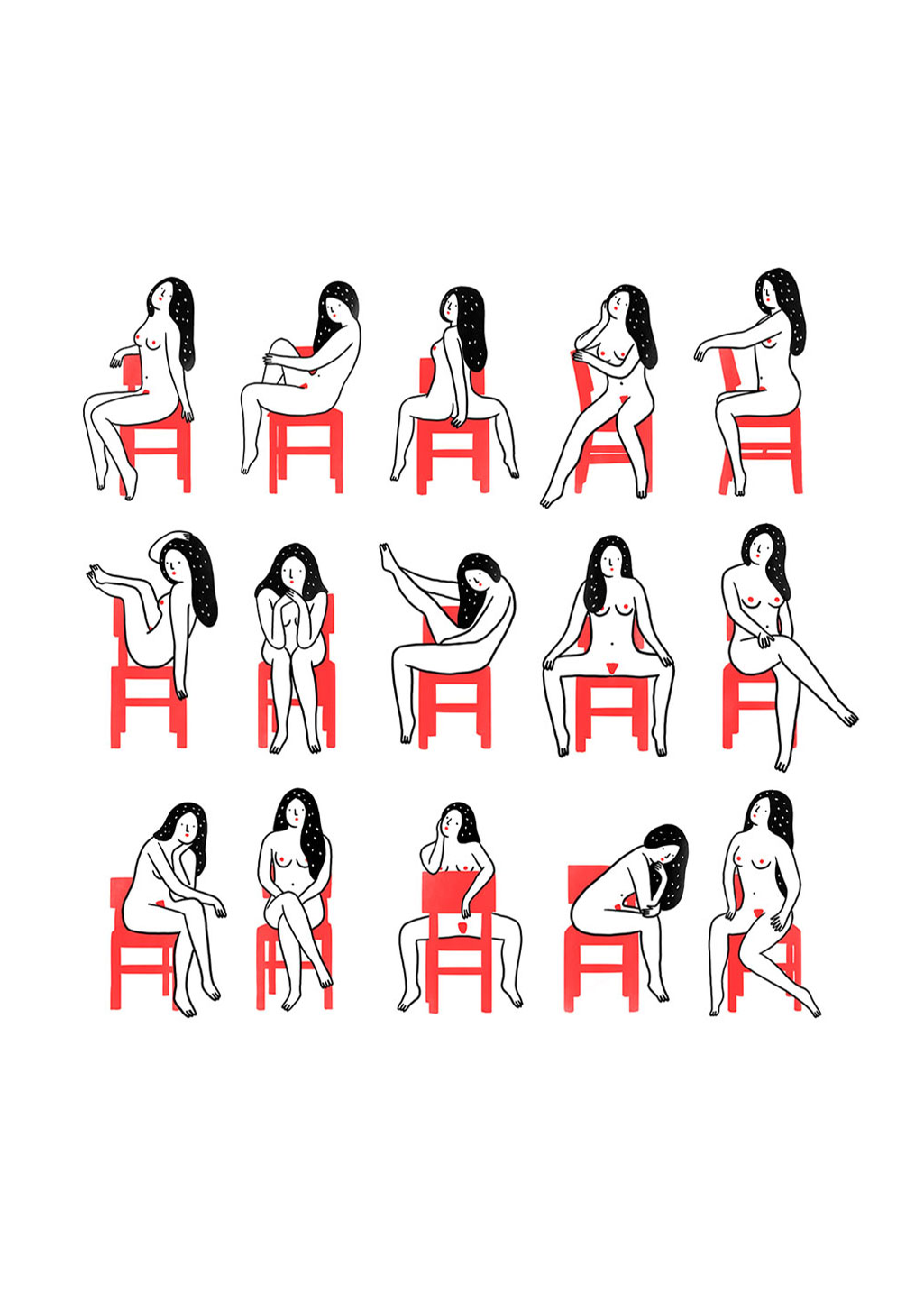 Illustrations de femmes assises sur des chaises rouges