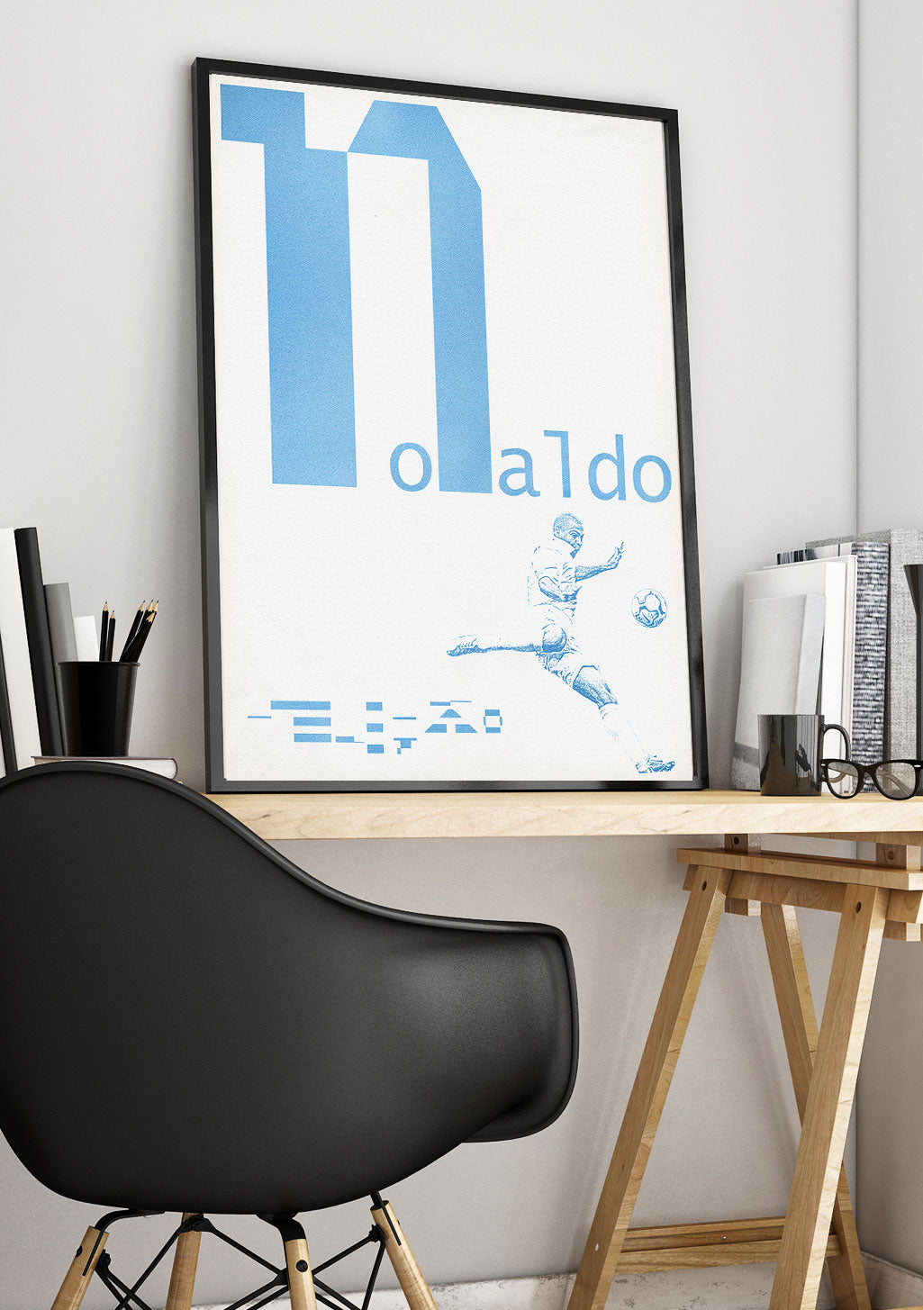 Poster bleu et blanc avec lettre N et texte "Omaldo"