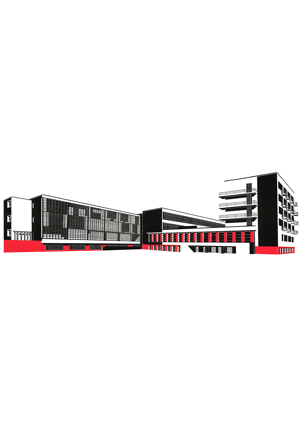 Bâtiment en noir et rouge, façade moderne, fenêtres en grille, structure à plusieurs niveaux