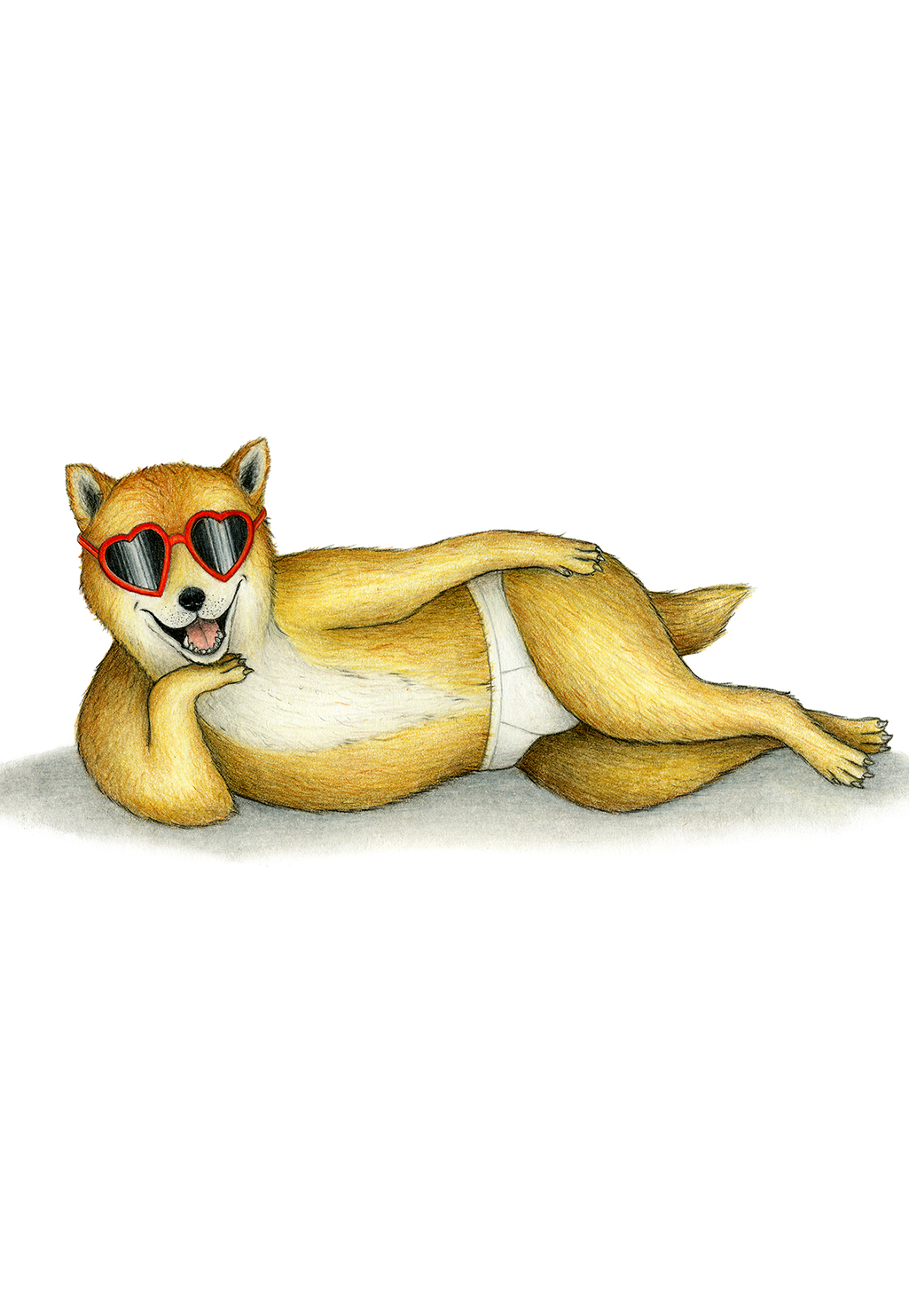 Chien avec des lunettes de soleil, se prélassant, souriant, portant un maillot de bain