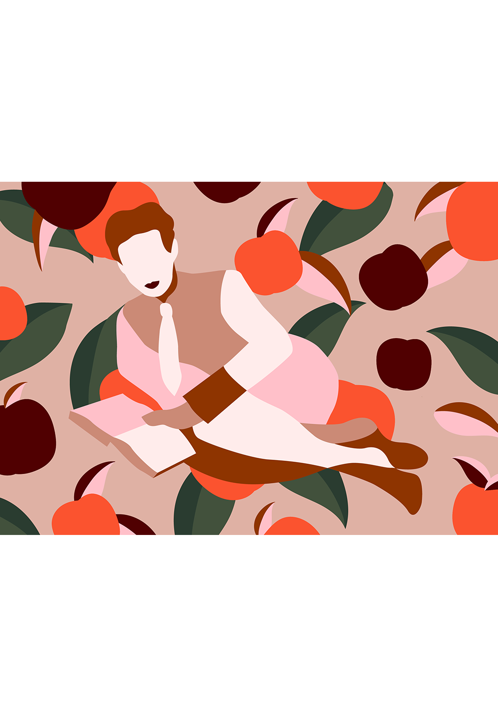 Femme lisant un livre sur fond de fruits