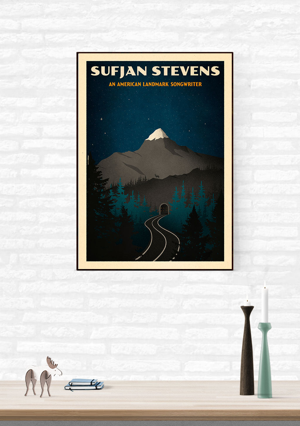 Sufjan Stevens, compositeur américain, montagne, forêt, train, nuit, étoiles, affiche encadrée