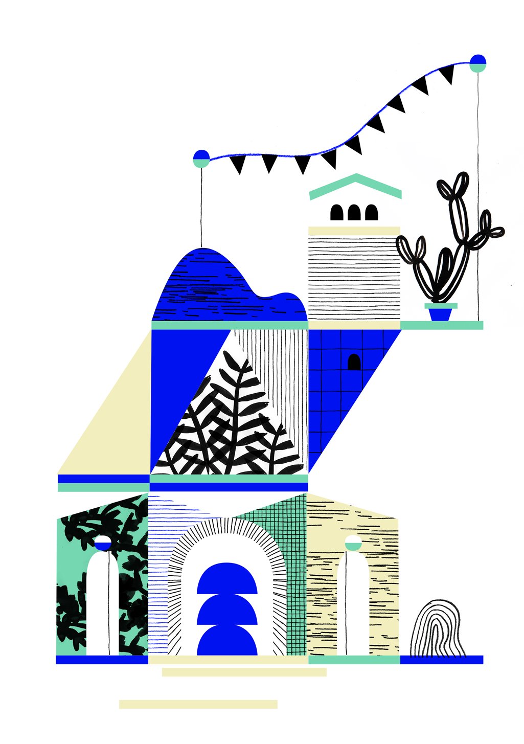 Maison stylisée, motifs géométriques, plantes, couleurs vives, festons, fenêtres, portes, formes abstraites