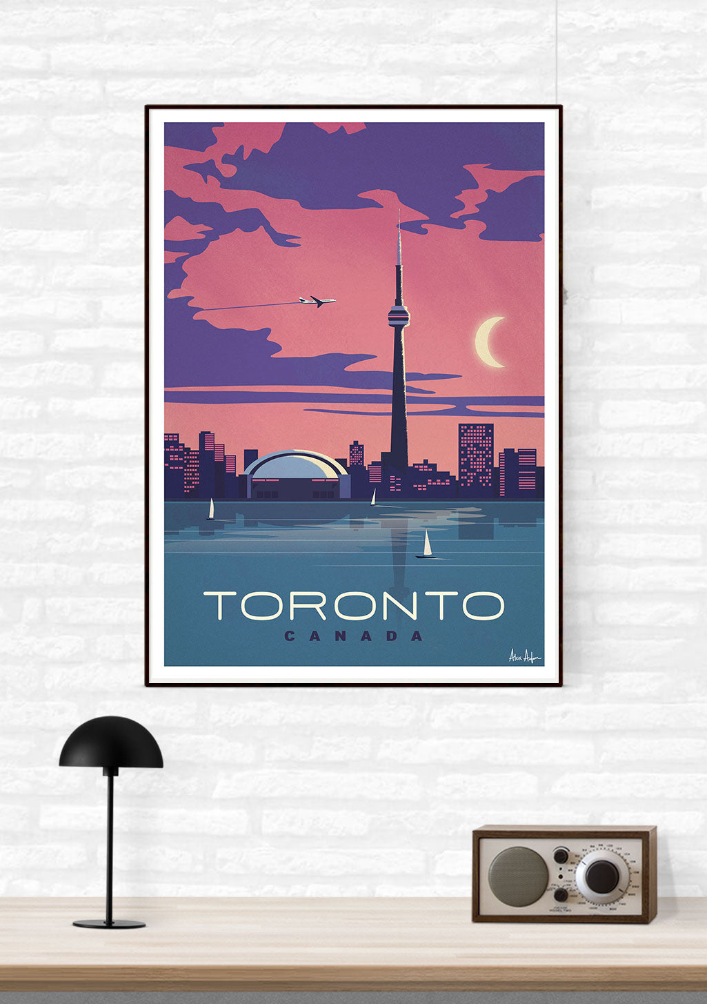 Toronto Canada, Tour CN, coucher de soleil, avion, lune croissante, skyline urbain