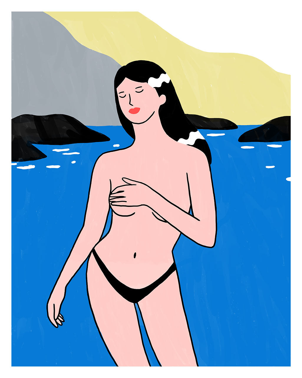 Femme nue debout dans l'eau, cheveux noirs, paysage bleu et jaune