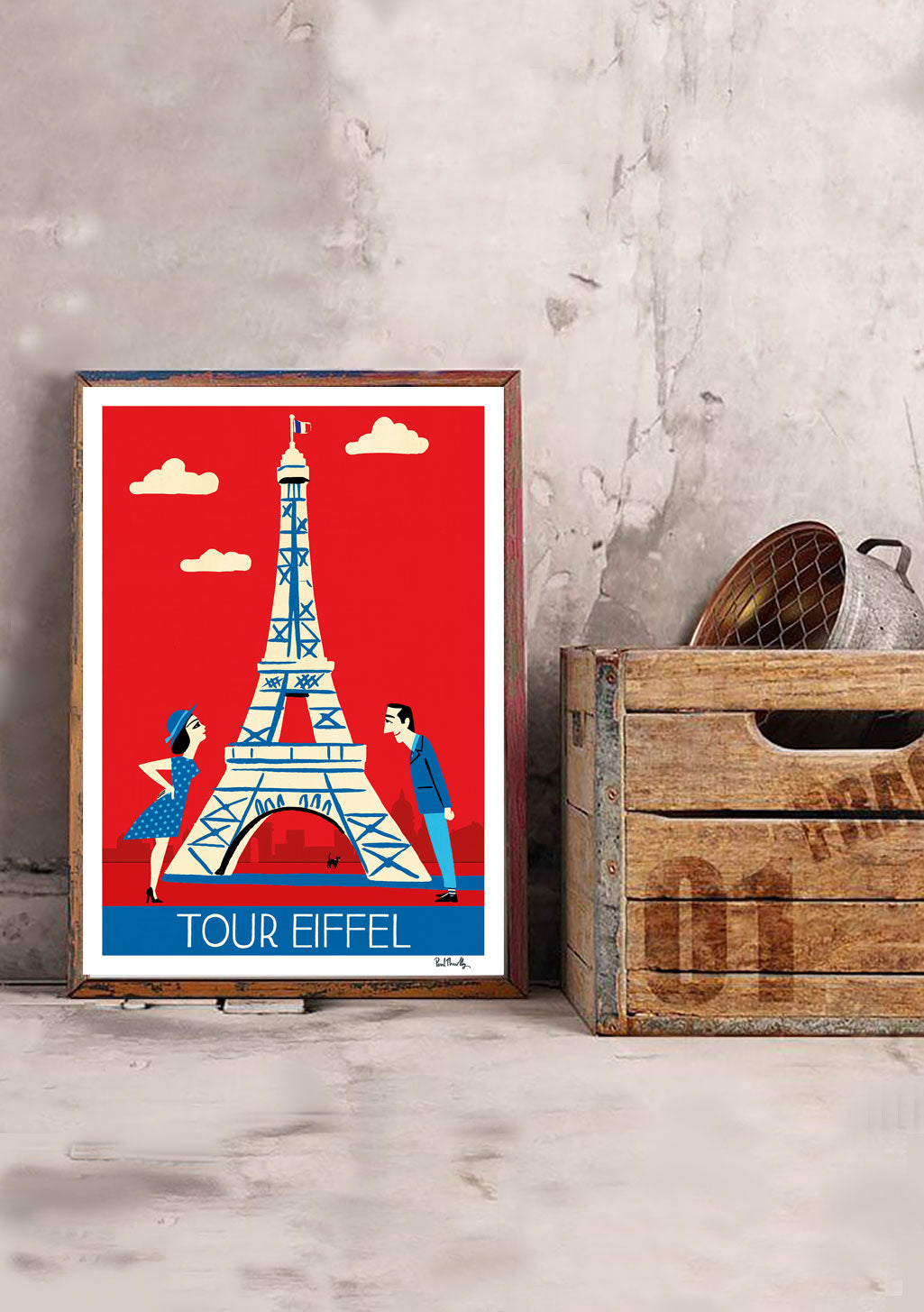 Tour Eiffel, Paris, Couple, Rouge, Bleu, Nuages, Poster, Cadre, Bois, Vintage, Décor, Mural
