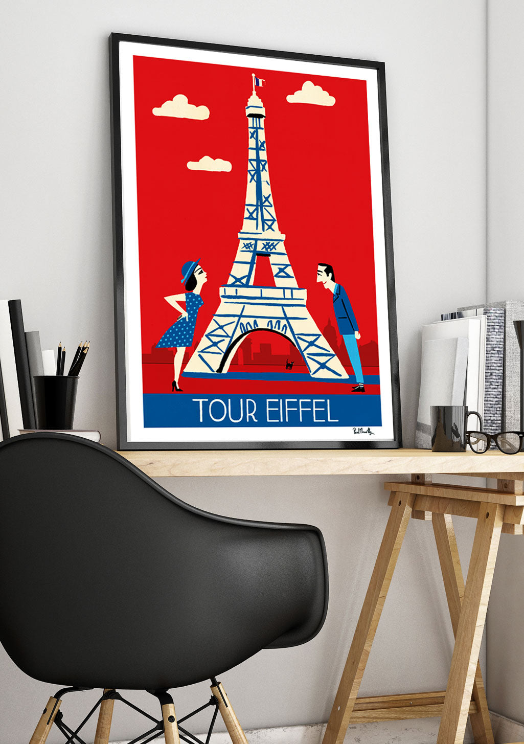 Tour Eiffel, Paris, Couple, Rouge, Bleu, Tour, France, Art, Vintage, Bureau, Décoration, Mural