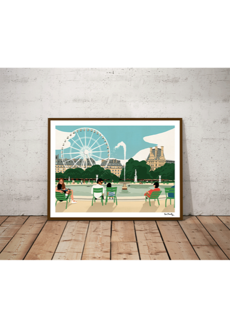 Poster de Paris avec grande roue, personnes, bâtiments, ciel bleu
