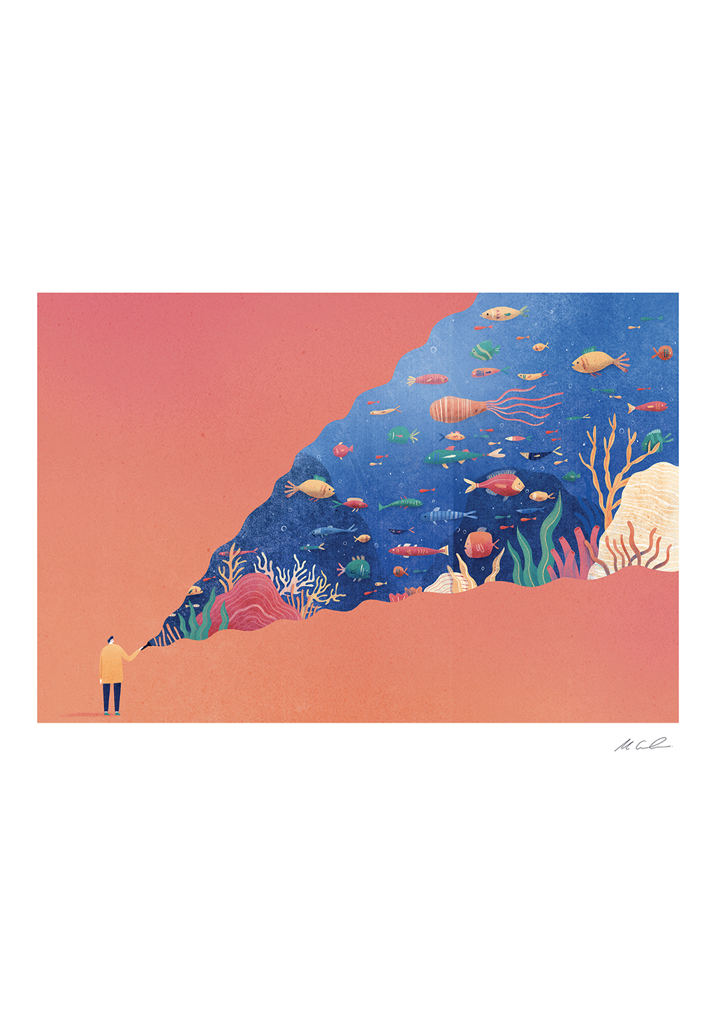 Illustration d'un homme tenant un poisson rouge géant