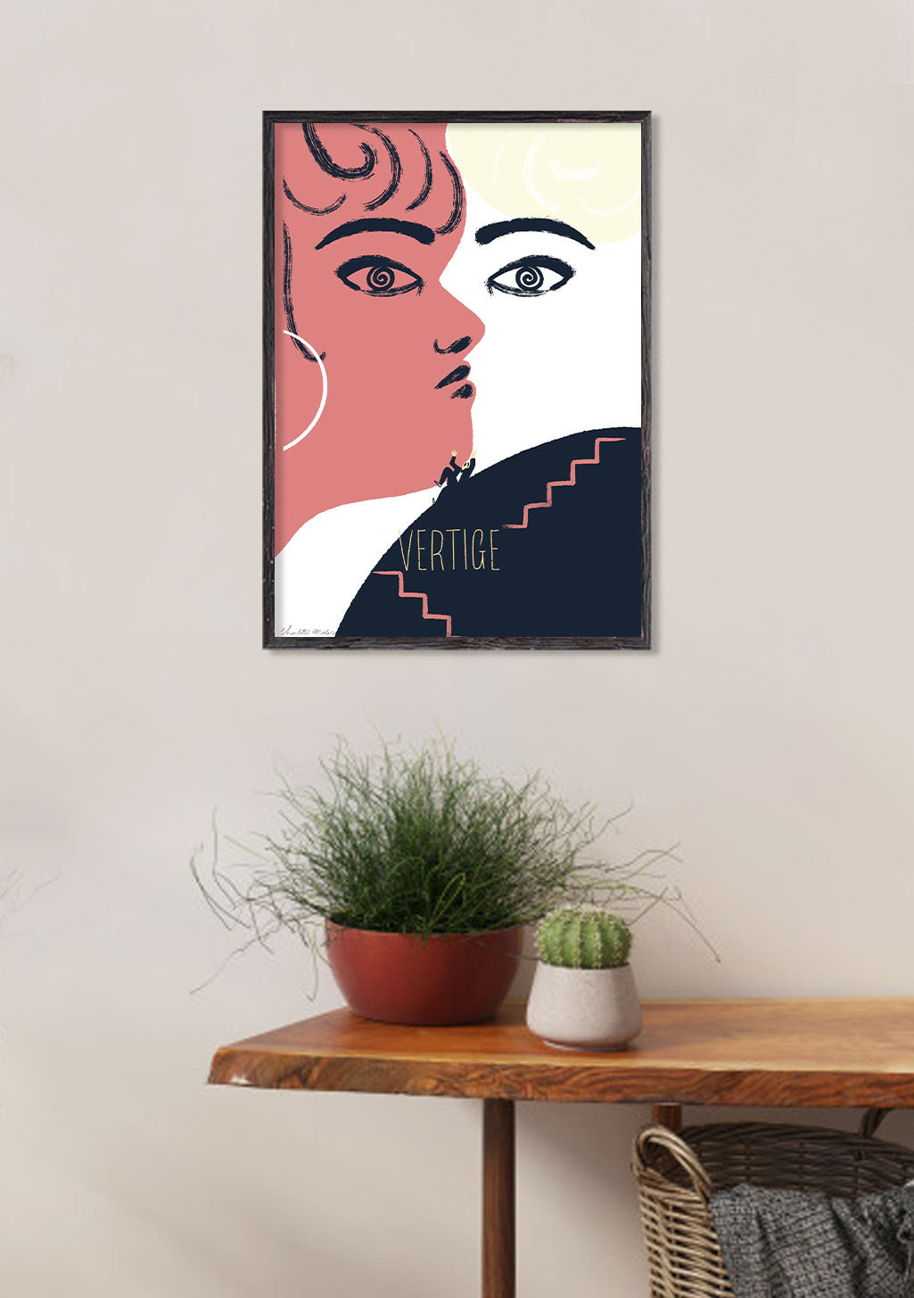 Art abstrait, visage divisé, couleurs vives, texte 'VERTIGE'