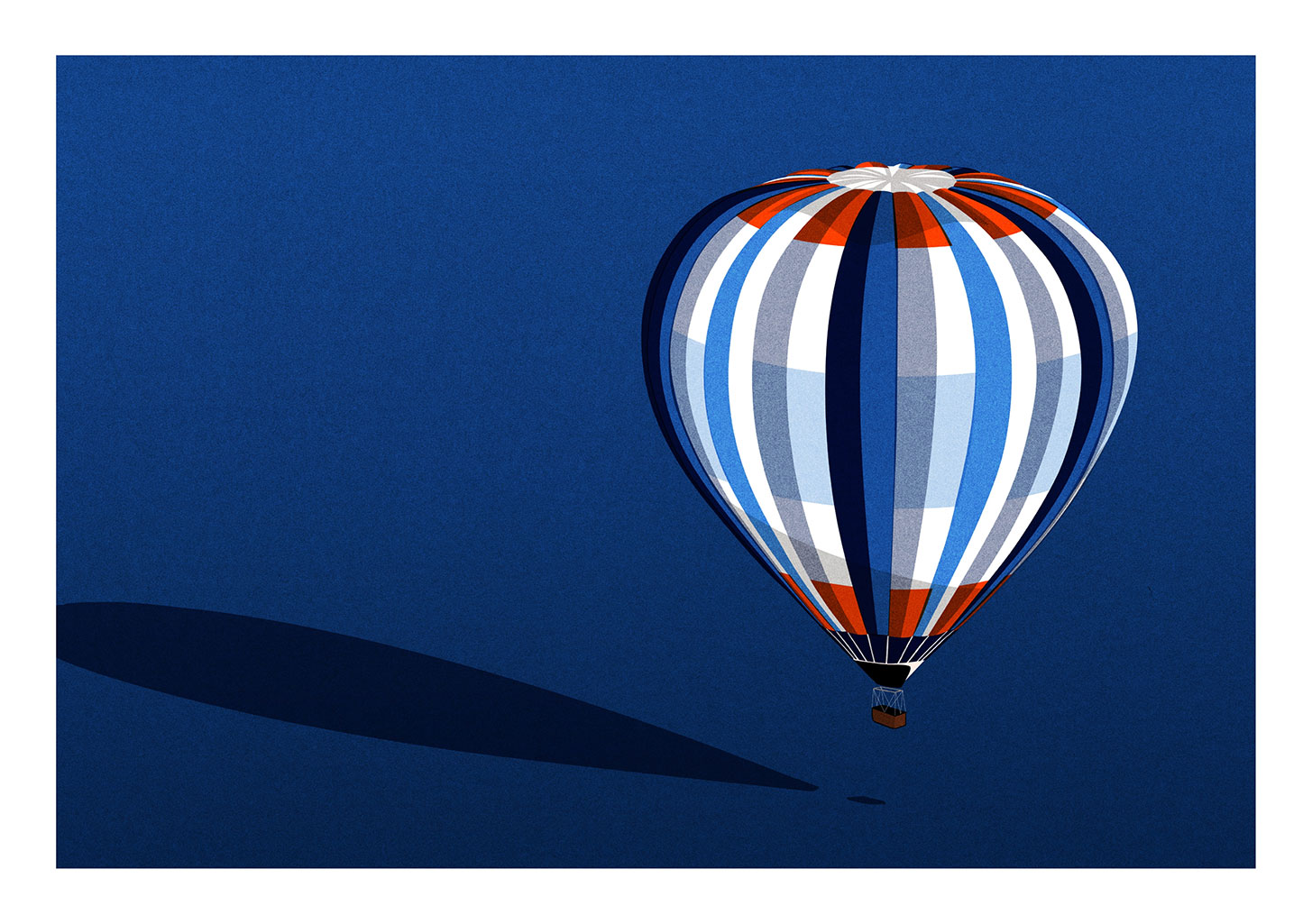 Ballon dirigeable stylisé, couleurs bleu, blanc, orange, fond bleu